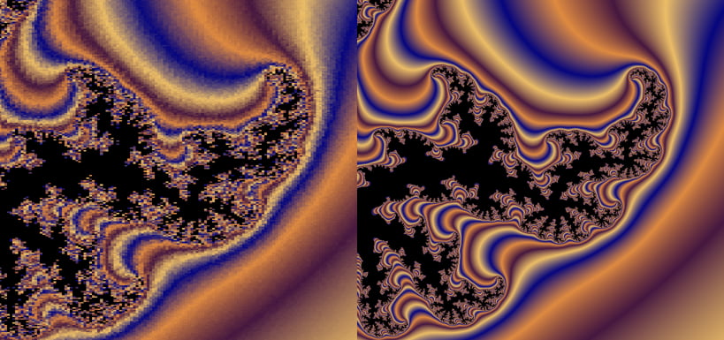 Zoomed in Mandelbrot set computed with different numerical precision