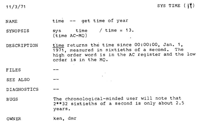 An image of the origina UNIX programmer's manual showing the original definition of the time syscall.